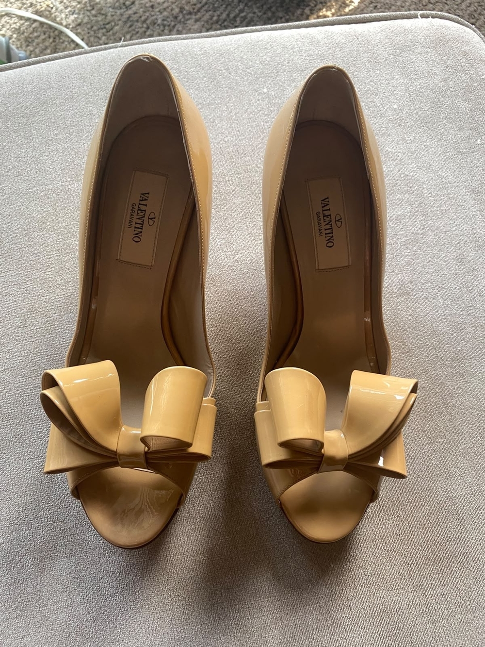 Valentino Garavani Women’s Tan Patent Peep-Toe Pumps with Bow